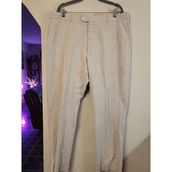 Alan Flusser Men Cream Striped Flat Front Dress Pant Size 40x32 Business Casual - Picture 1 of 6